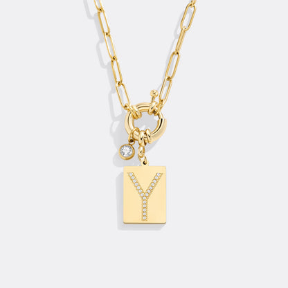 Gold Pave Initial Pendant Necklace with Paperclip Chain