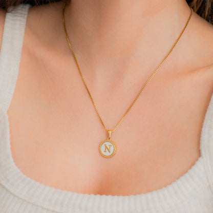 Mother of Pearl Disc Letter Necklace with Box Chain