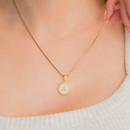 Mother of Pearl Disc Letter Necklace with Box Chain