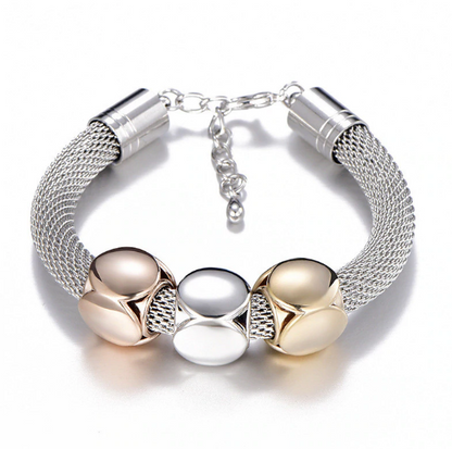Tri-Tone Cube Charm Mesh Bracelet