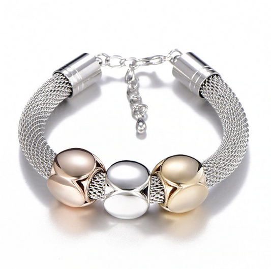Tri-Tone Cube Charm Mesh Bracelet