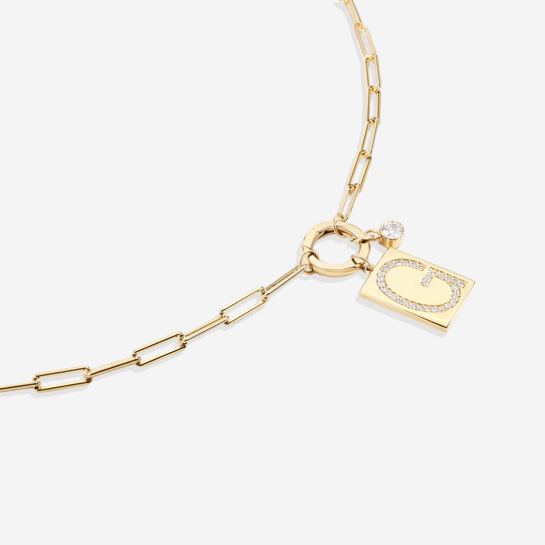Gold Pave Initial Pendant Necklace with Paperclip Chain