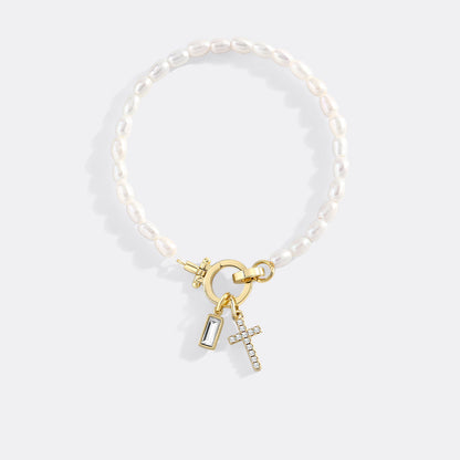 Pearl Cross Charm Bracelet