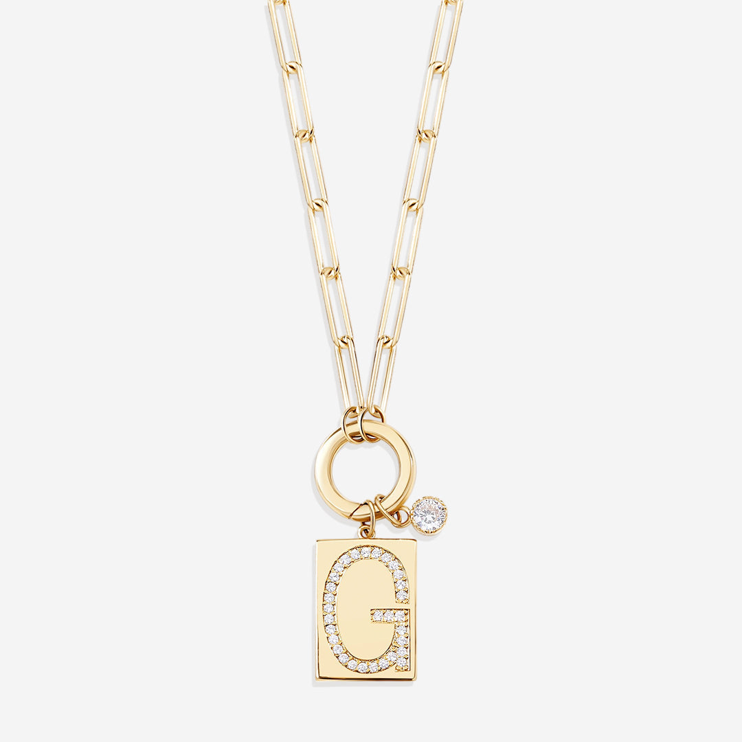 Gold Pave Initial Pendant Necklace with Paperclip Chain