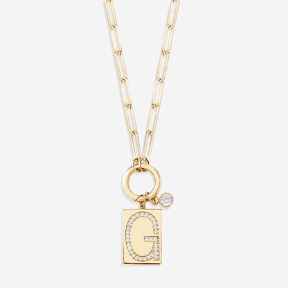 Gold Pave Initial Pendant Necklace with Paperclip Chain
