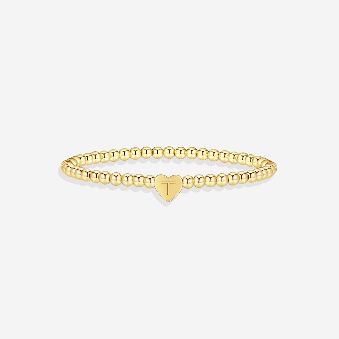 Gold Beaded Bracelet with Heart Initial