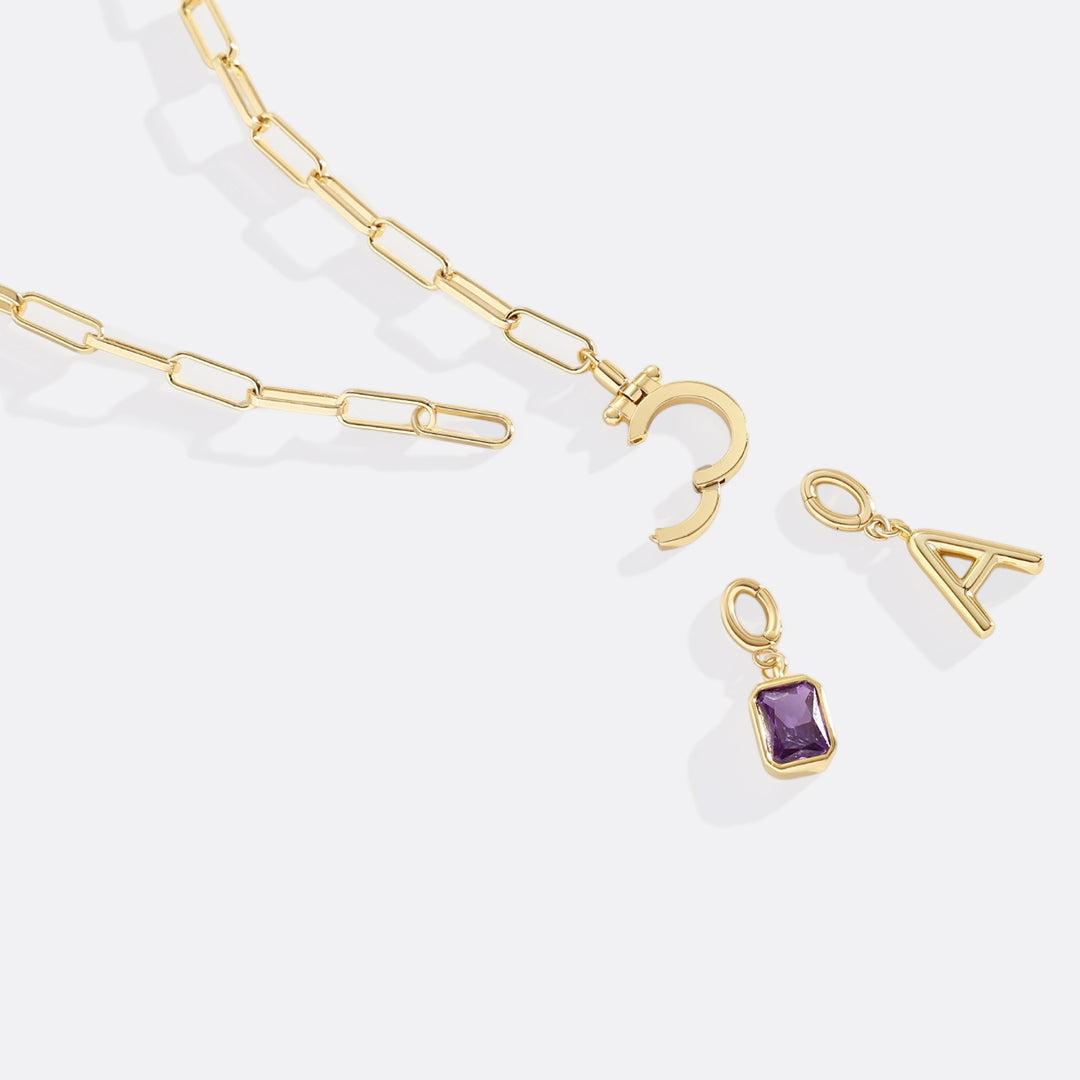 Mint Paperclip Necklace with Initial & Birthstone Charm