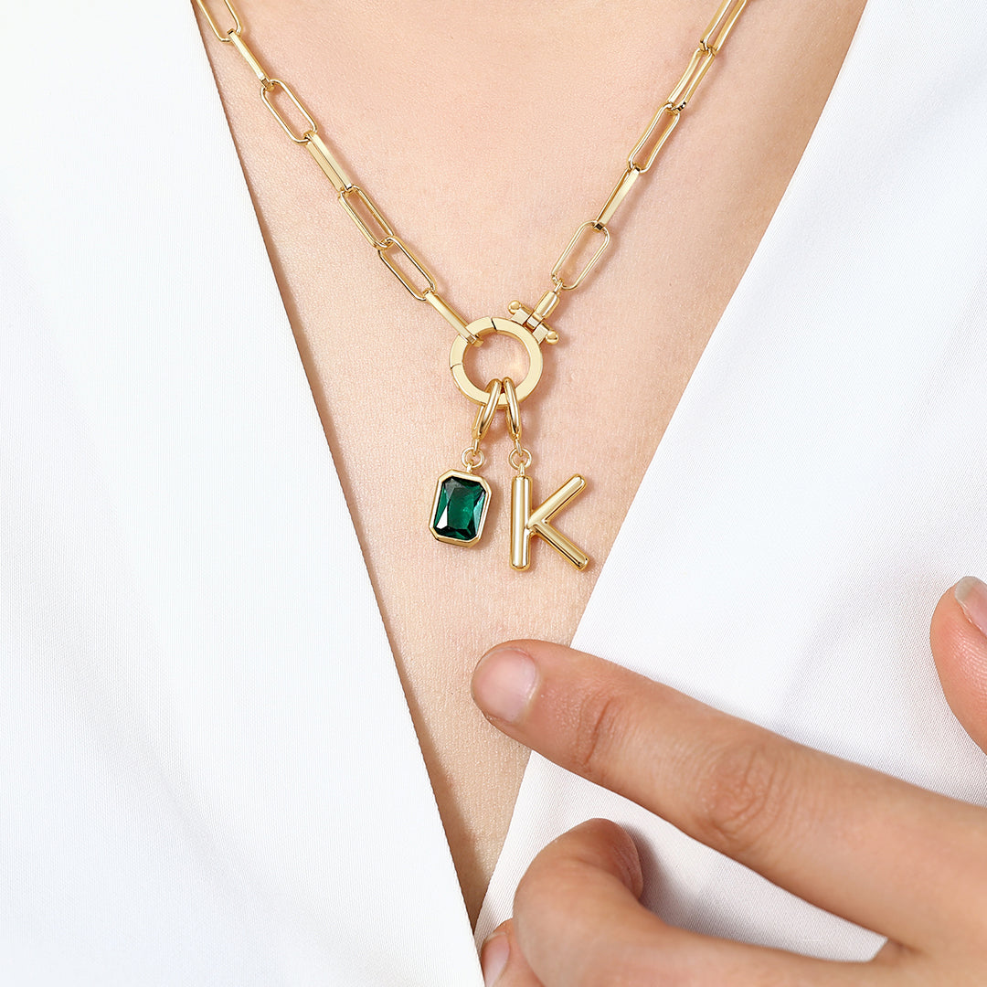Mint Paperclip Necklace with Initial & Birthstone Charm
