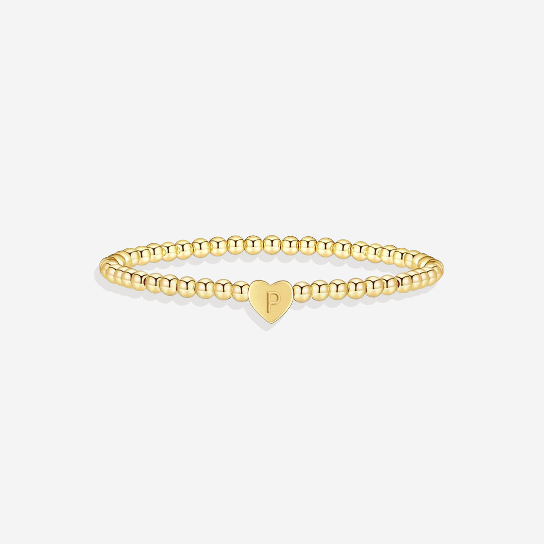 Gold Beaded Bracelet with Heart Initial