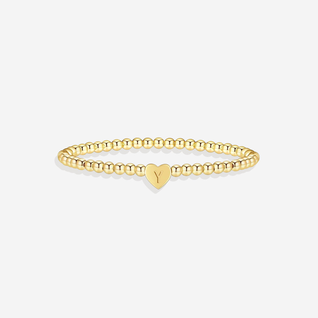 Gold Beaded Bracelet with Heart Initial