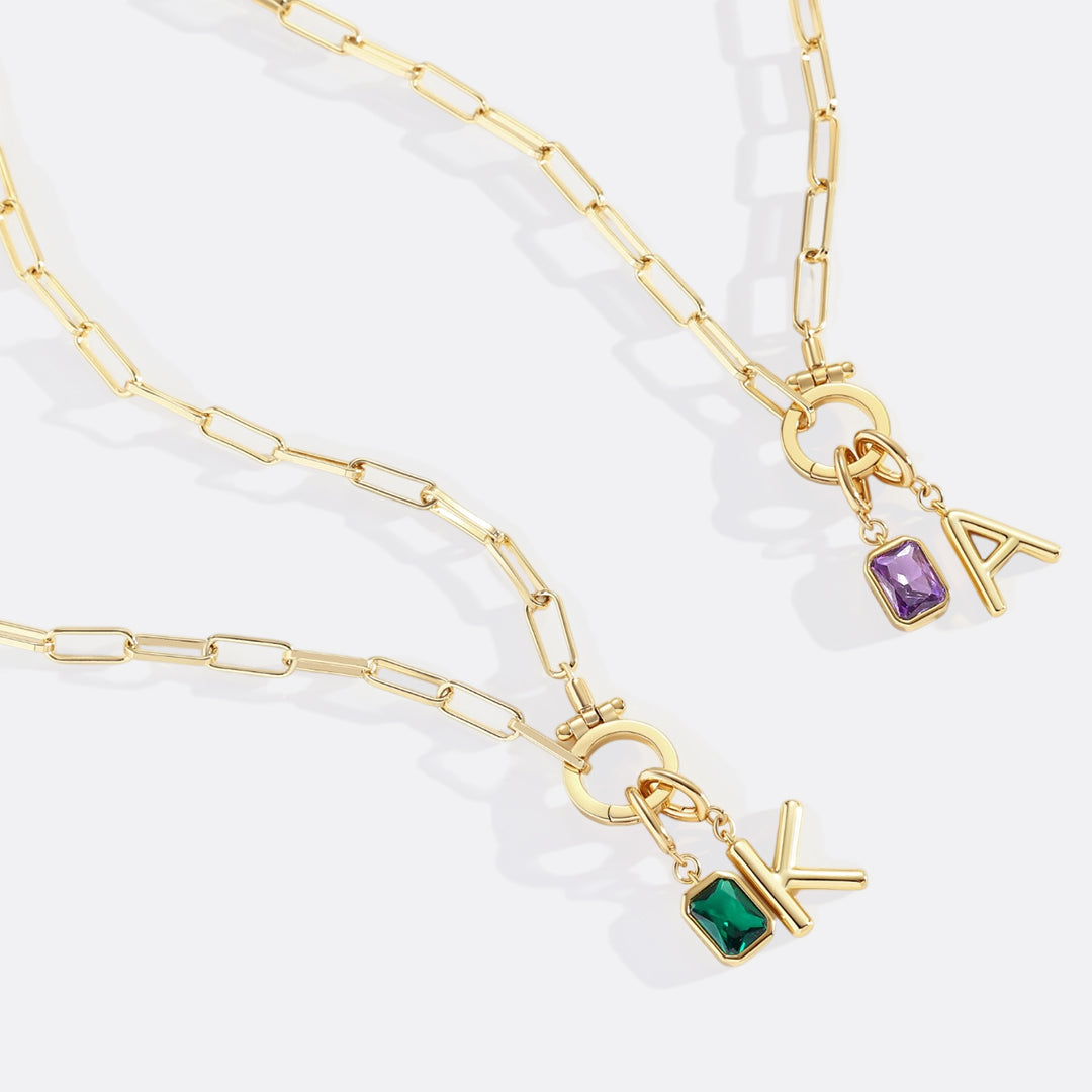 Mint Paperclip Necklace with Initial & Birthstone Charm