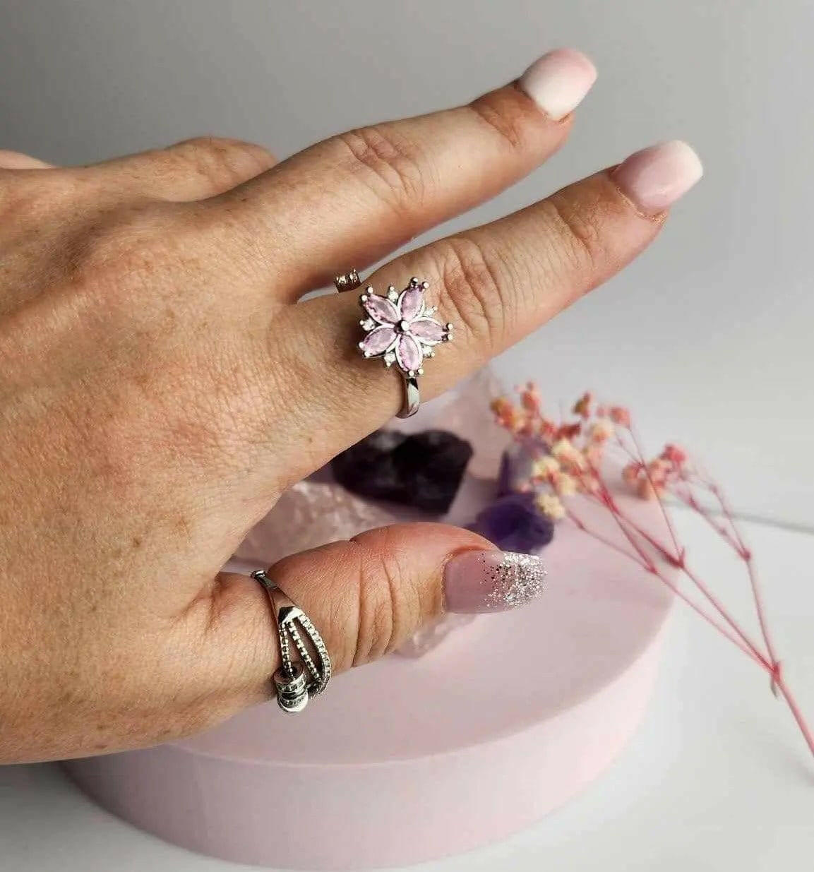 Pink Flower Fidget Spinner Ring
